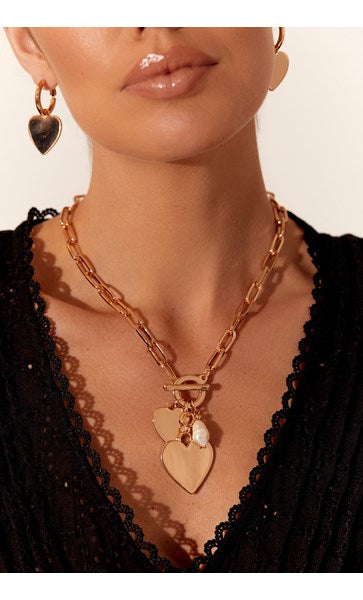 Double Heart Fob Necklace Gold