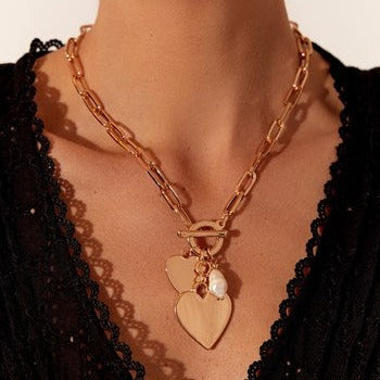 Double Heart Fob Necklace Gold