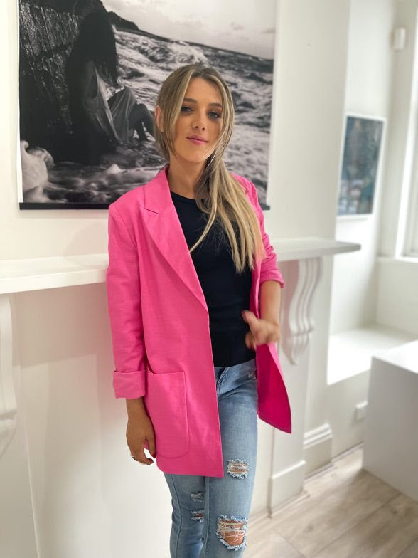 Linen Box Pocket Blazer Hot Pink